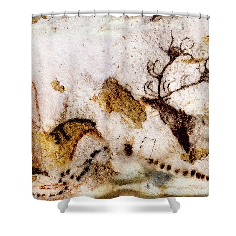 Lascaux Shower Curtain featuring the digital art Lascaux Horse and Deer by Weston Westmoreland