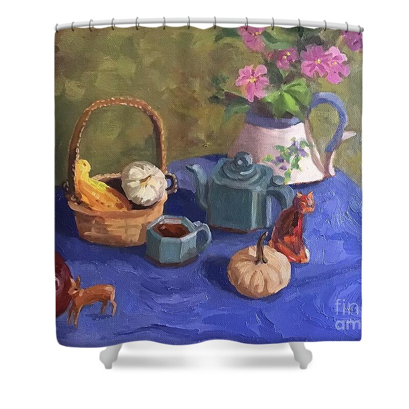 Hollyhock Shower Curtain featuring the painting Last of the Hollyhocks by Anne Marie Brown