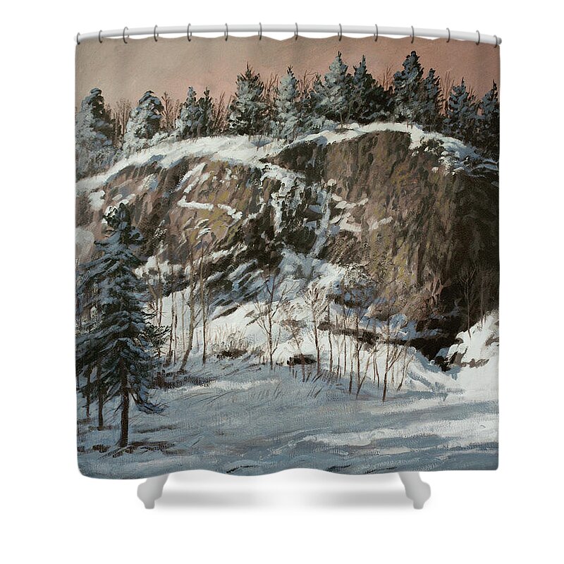 Rock Wall Shower Curtain featuring the painting Late Sun on the Rock Wall by Hans Egil Saele