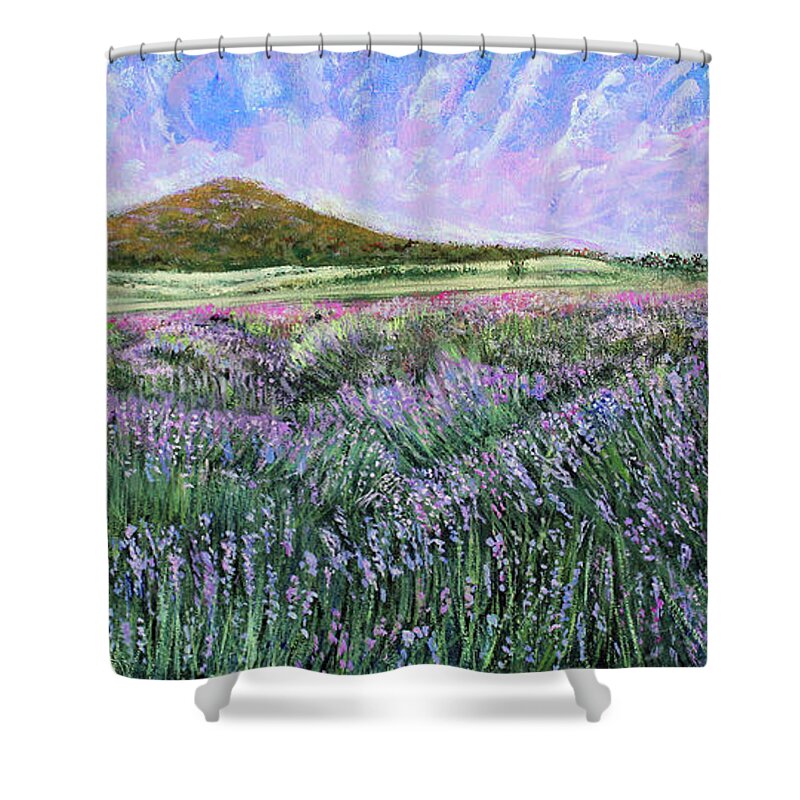 Landscape Shower Curtain featuring the painting Lavender Field Vista by Lyric Lucas