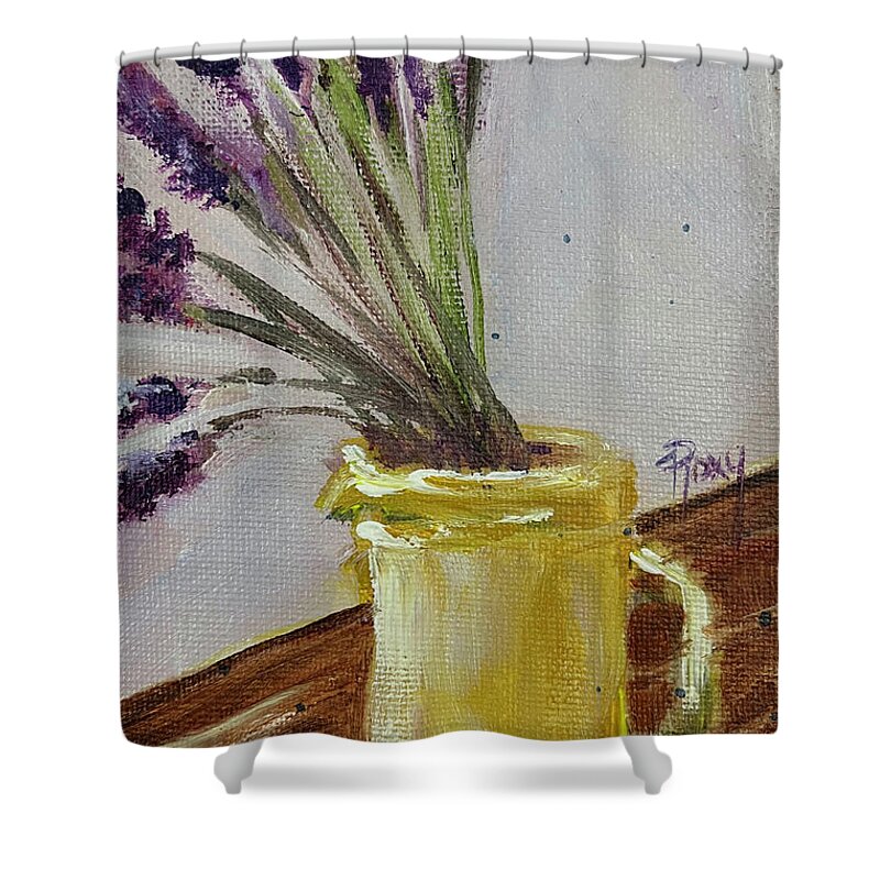 Lavender Shower Curtain featuring the painting Lavender in a Yellow Pitcher by Roxy Rich