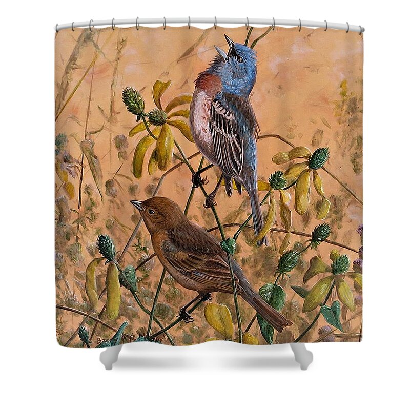 Lazuli Bunting Shower Curtain featuring the painting Lazuli Bunting by Barry Kent MacKay