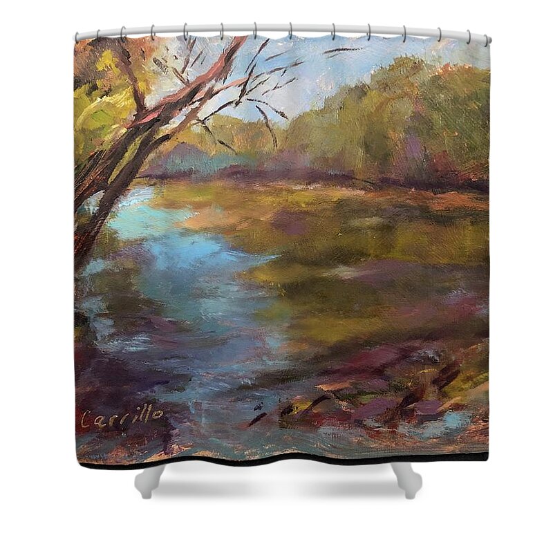 Riverscapes Shower Curtain featuring the painting Lazy Day on the Huzzah by Donna Carrillo