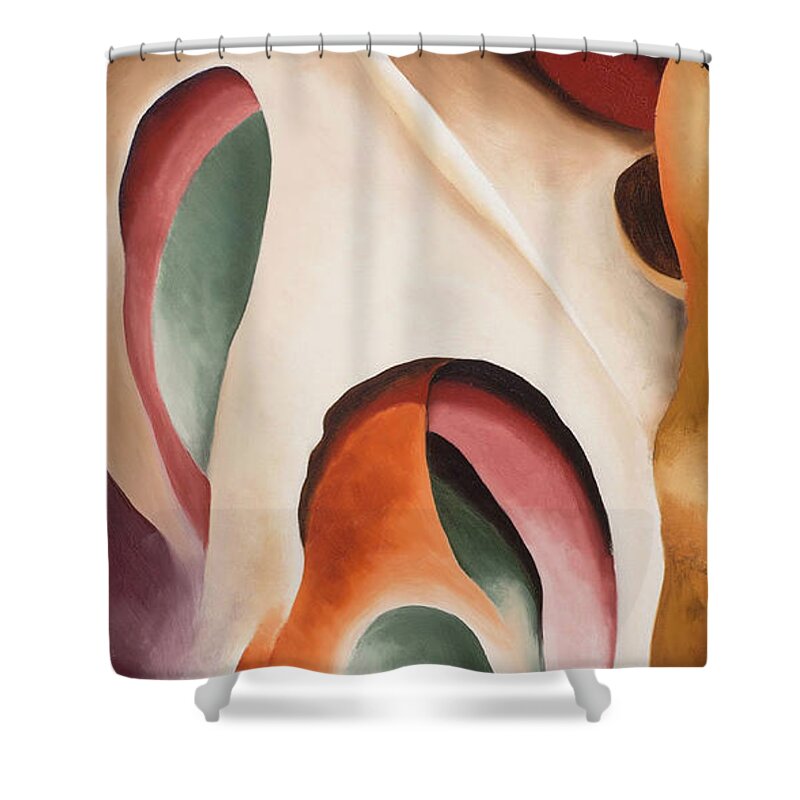 Georgia O'keeffe Shower Curtain featuring the painting Leaf motif No 2 - Colorful modernist abstract nature painting by Georgia O'Keeffe