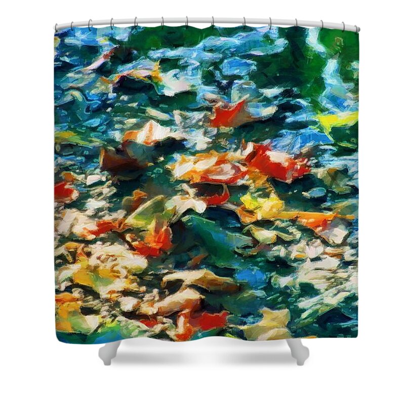 Leaves Shower Curtain featuring the mixed media Leaves in the Stream 2021 by Christopher Reed
