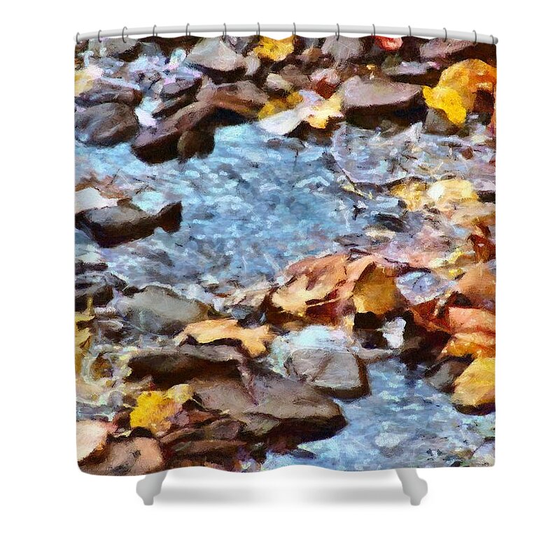 Leaves Shower Curtain featuring the mixed media Leaves in the Stream by Christopher Reed