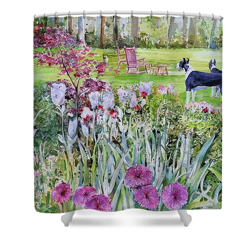 Flowers Shower Curtain featuring the painting Lee's Puppies by P Anthony Visco