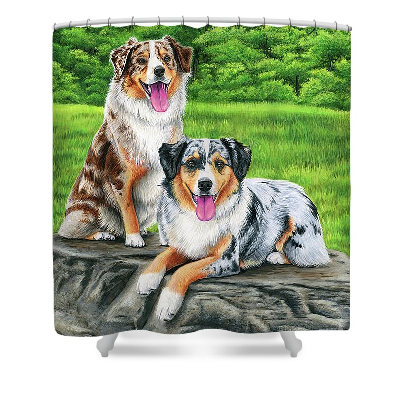 Australian Shepherd Shower Curtain featuring the painting Lego and Drew by Rebecca Wang