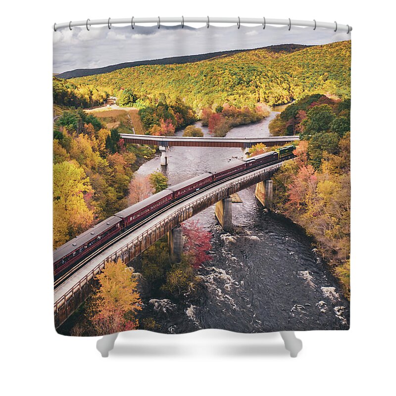 Fall Shower Curtain featuring the photograph Lehigh Gorge Scenic Railway Aerial Fall Colors by Jason Fink