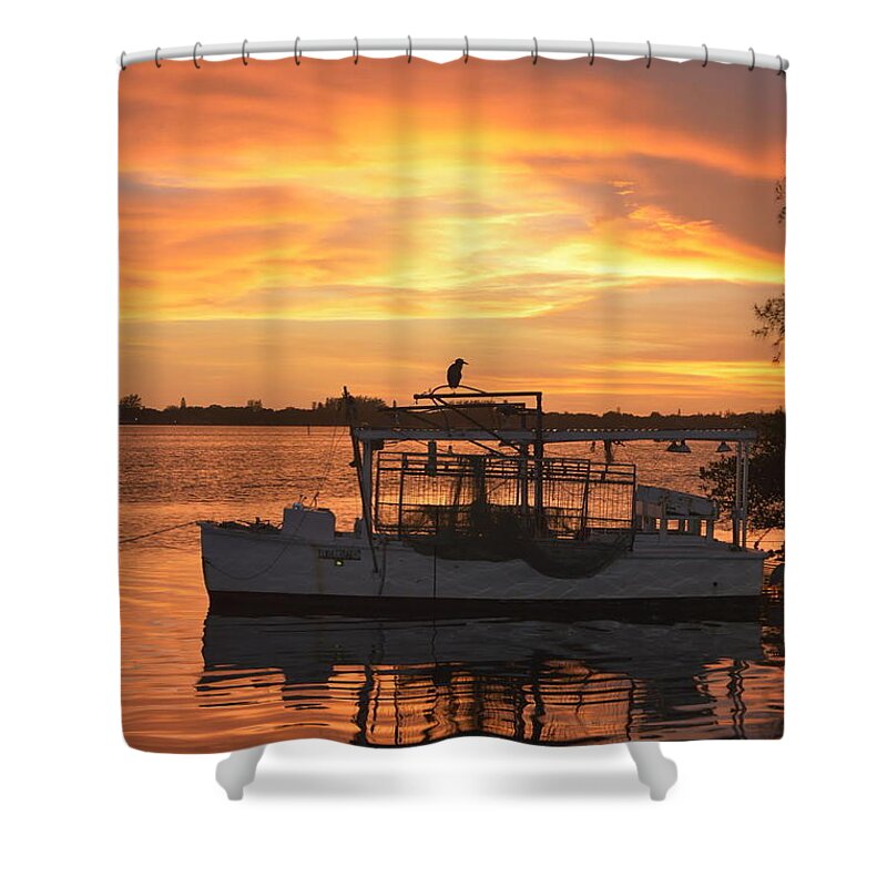 Sunset Shower Curtain featuring the digital art Lemon Bay Night by Alison Belsan Horton