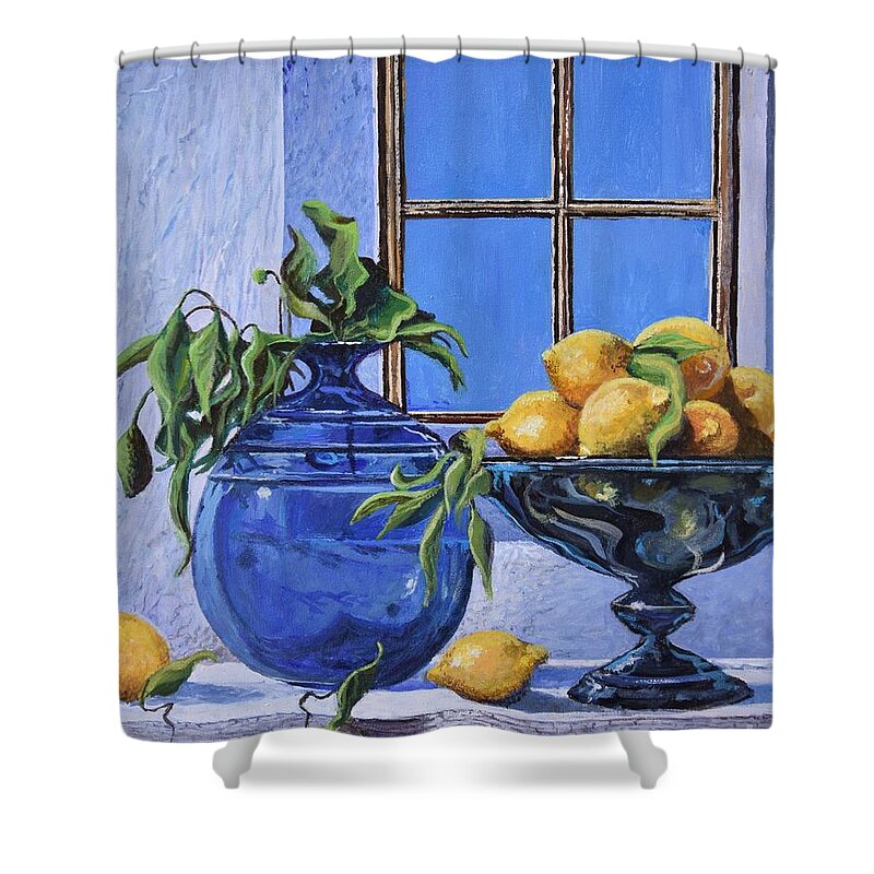 Original Painting Shower Curtain featuring the painting Lemons by Sinisa Saratlic