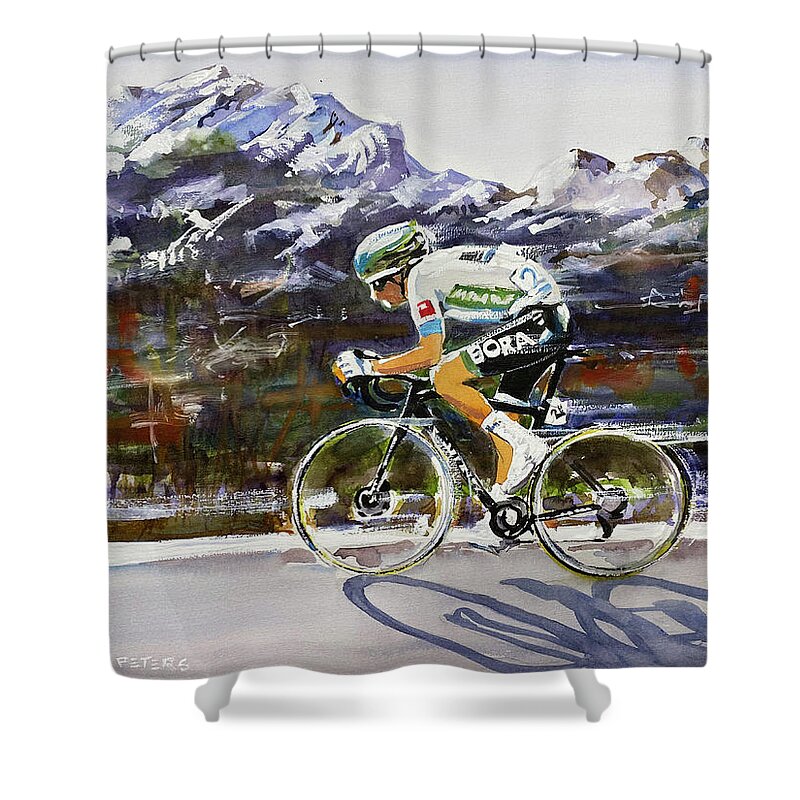 Letour Shower Curtain featuring the painting Lennard Kamna Wins Stage 16 by Shirley Peters