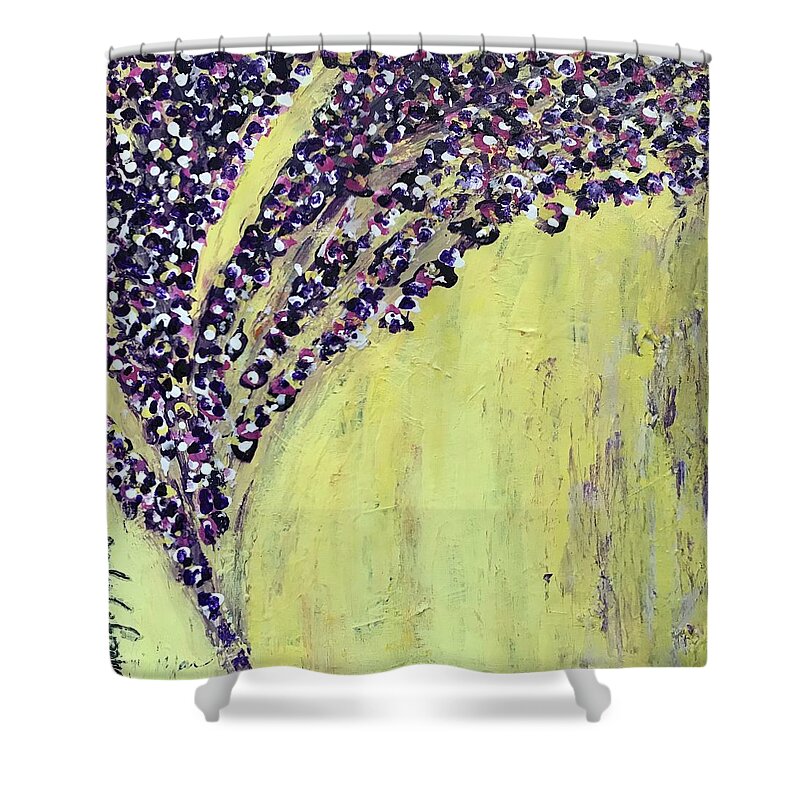 Yellow Shower Curtain featuring the painting L'envol by Medge Jaspan