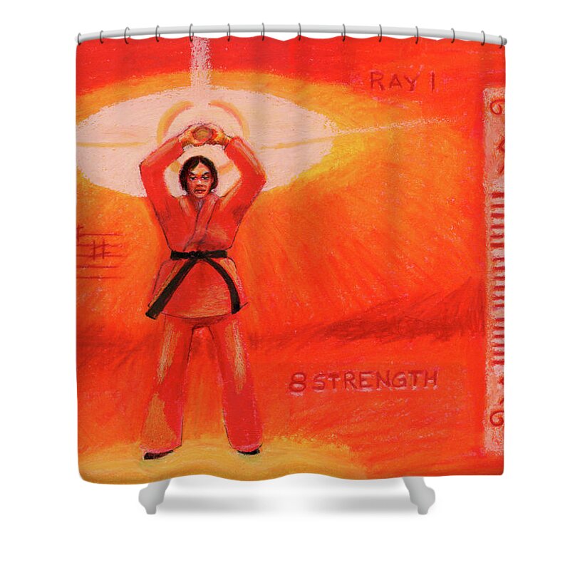 Major Arcana Shower Curtain featuring the pastel Leo 8 - Strength by Gary Nicholson