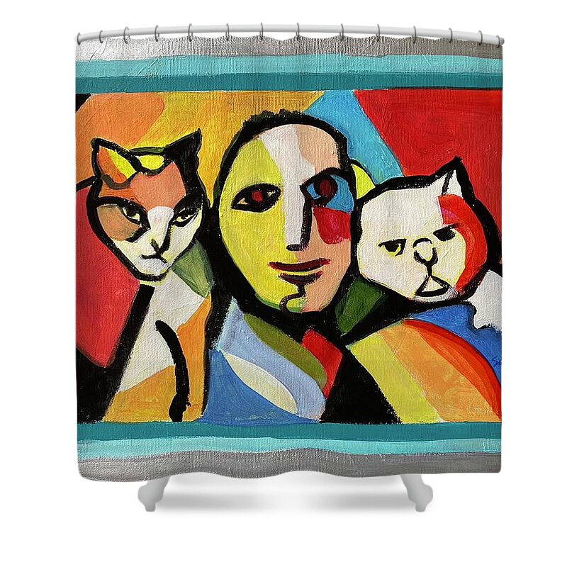 Mexican Design Shower Curtain featuring the painting Leo and Two Cats by Suzanne Giuriati Cerny
