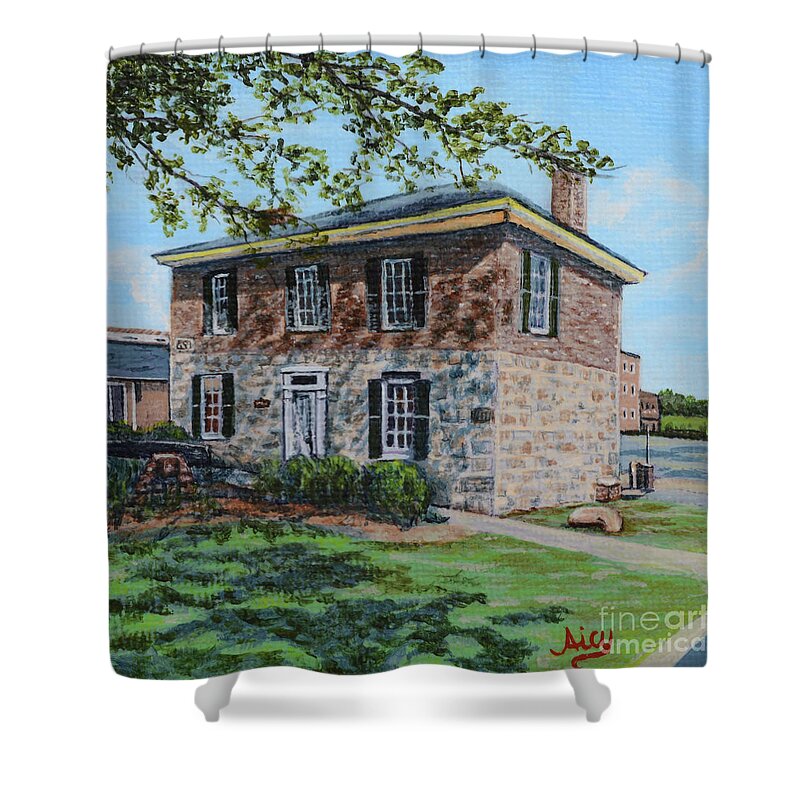 Historic Shower Curtain featuring the painting Leonardtown Old Jail Museum and Visitor Center by Aicy Karbstein