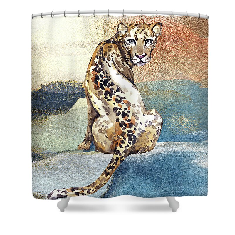 Leopard Shower Curtain featuring the painting Leopard Watercolor Animal Art Painting by Garden Of Delights