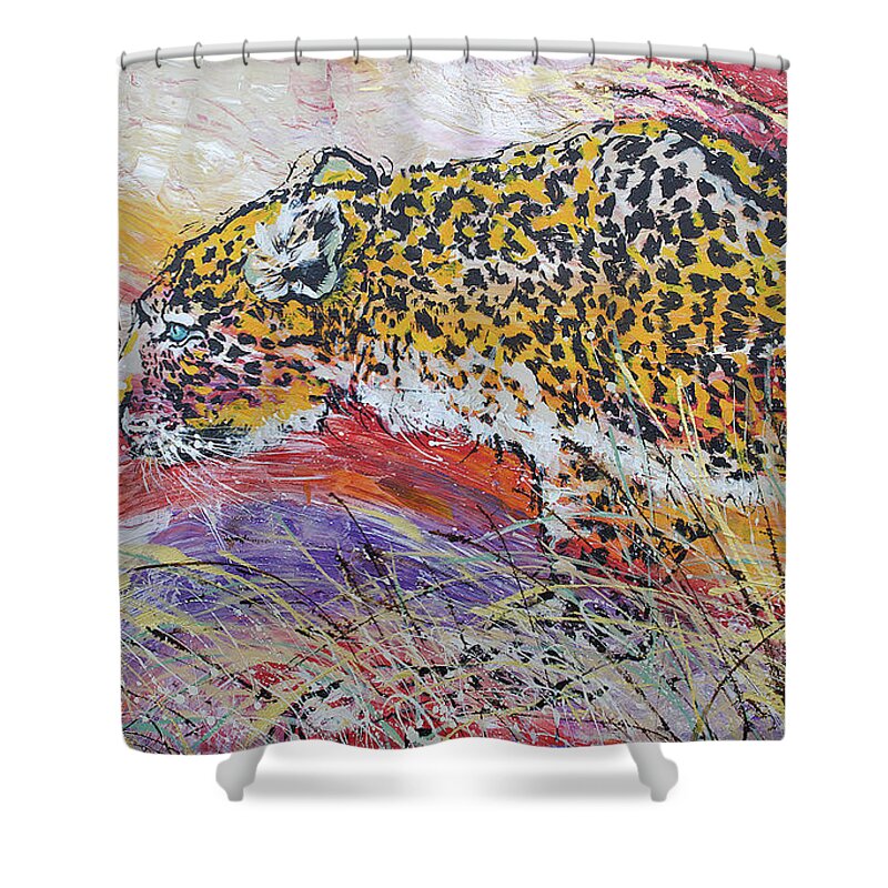 Leopard Shower Curtain featuring the painting Leopard's Gaze by Jyotika Shroff