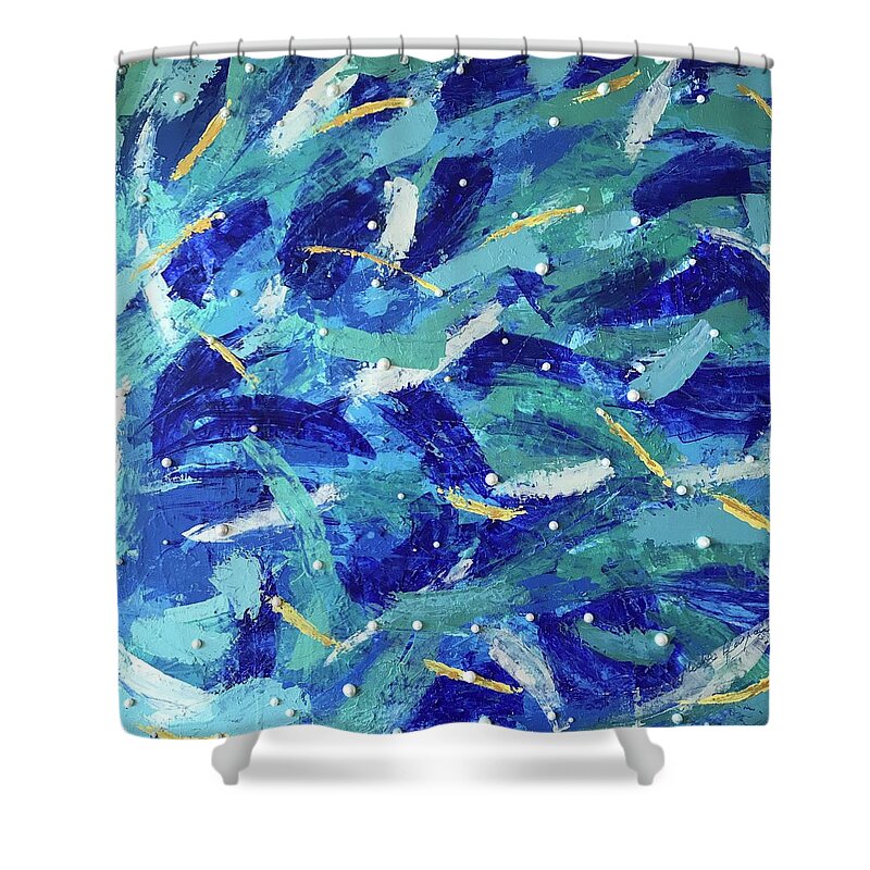 Abstract Art Shower Curtain featuring the mixed media Les Michaels by Medge Jaspan