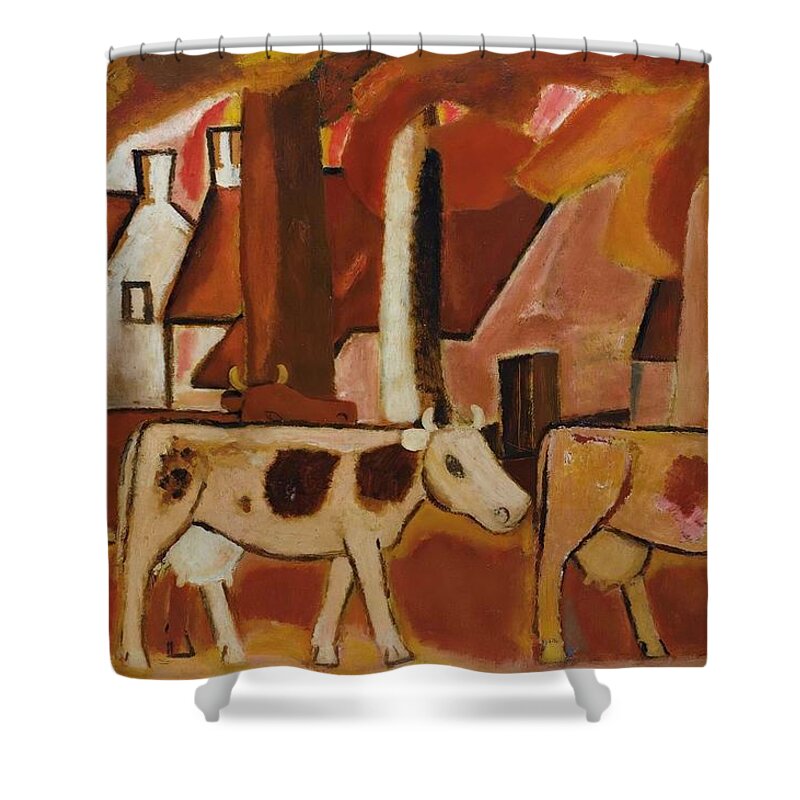  Shower Curtain featuring the drawing Les Vaches Dans Une Mene Vers Letable by Gustave De Smet Dutch
