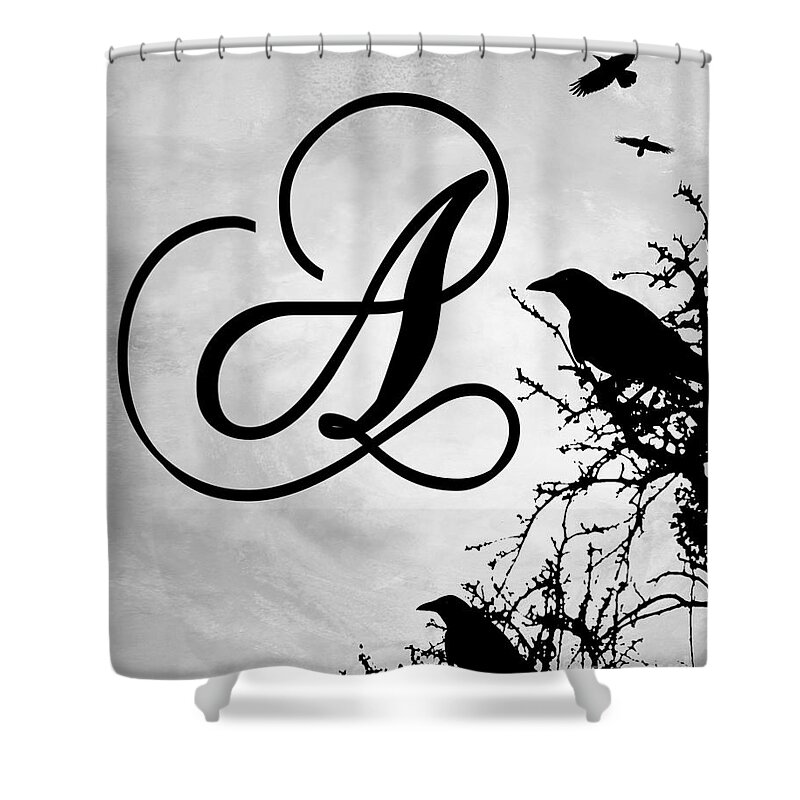 Letter A Shower Curtain featuring the mixed media Letter A Design 43 Crow Birds by Lucie Dumas