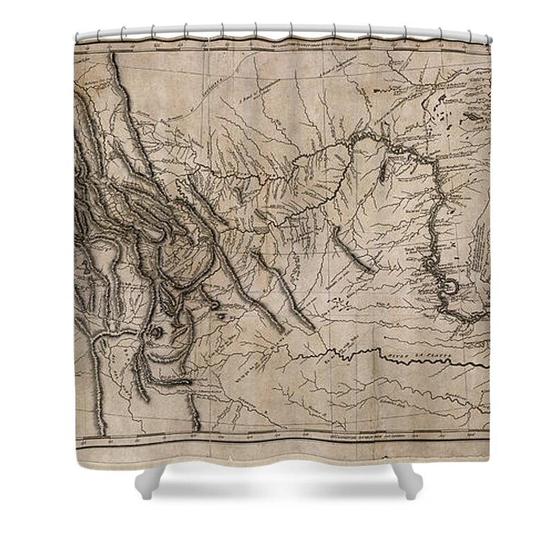1804 Shower Curtain featuring the drawing Lewis and Clark Map, 1814 by William Clark and Sam Lewis