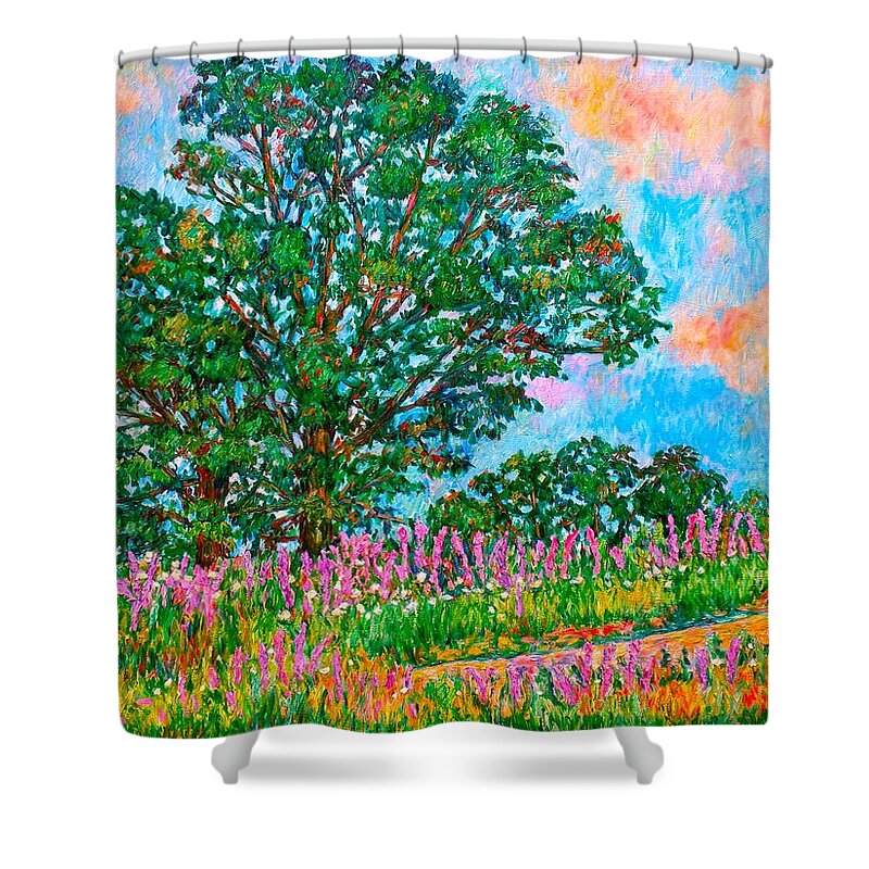 Landscape Shower Curtain featuring the painting Liatris Flowers at Doughton Park by Kendall Kessler