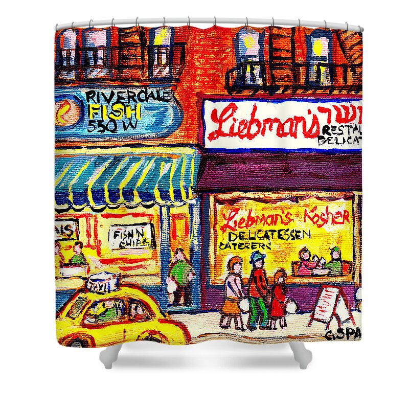 Riverdale Fish Market Shower Curtain featuring the painting Liebman's Kosher Deli Nyc Bronx Foodtown Riverdale Fish Best Seafood Market C Spandau Paints Usa Art by Carole Spandau