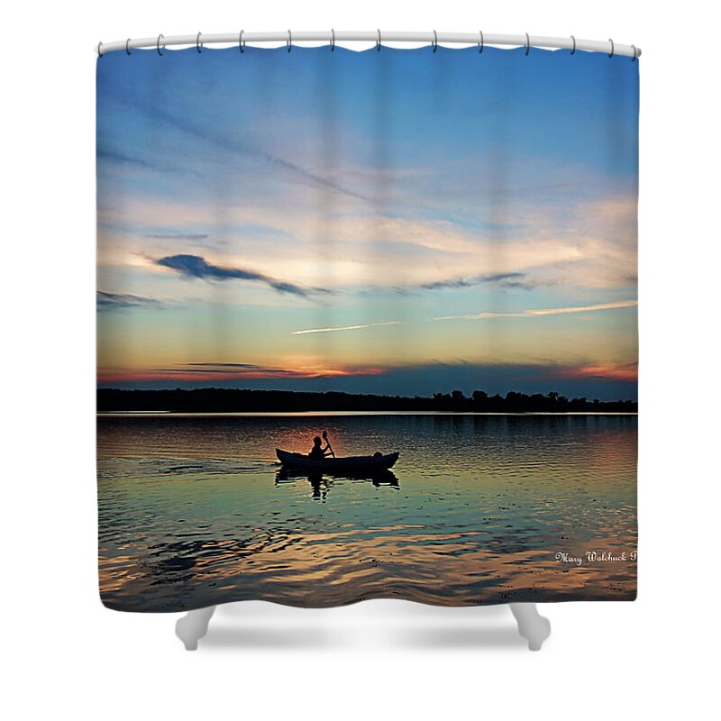 Lake Sunset Shower Curtain featuring the photograph Life is but a Dream on a Kayak by Mary Walchuck