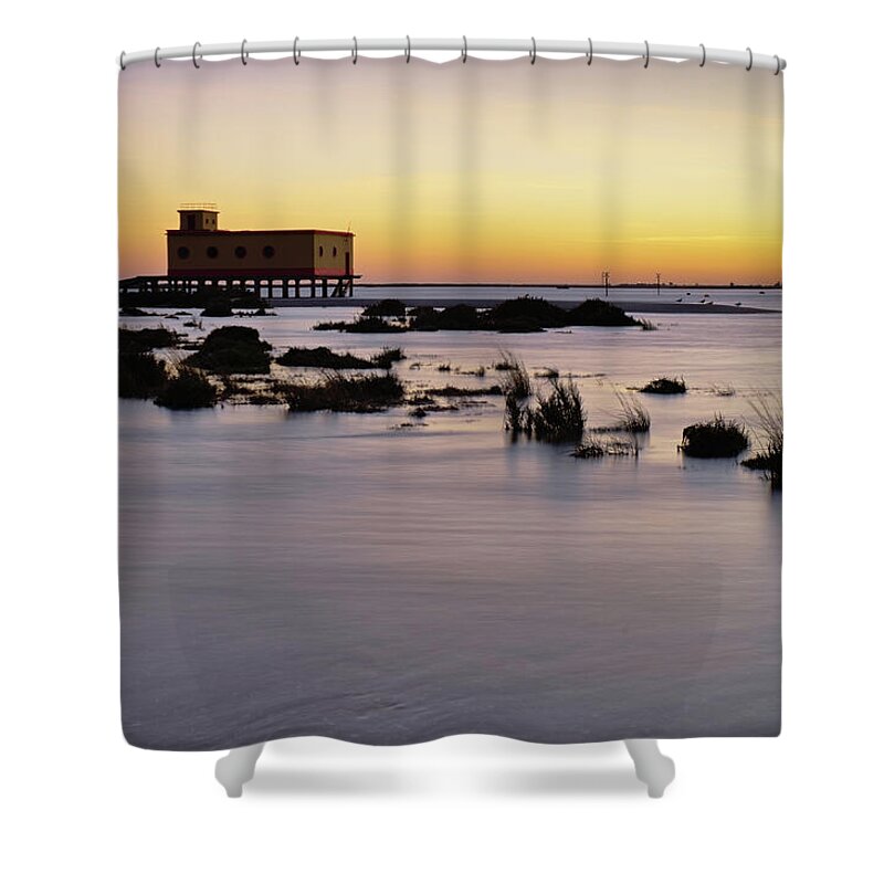 Algarve Shower Curtain featuring the photograph Lifesavers building at dusk in Fuzeta. Portugal by Angelo DeVal