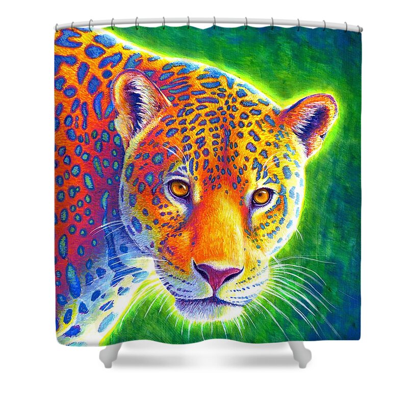 Jaguar Shower Curtain featuring the painting Light in the Rainforest - Jaguar by Rebecca Wang