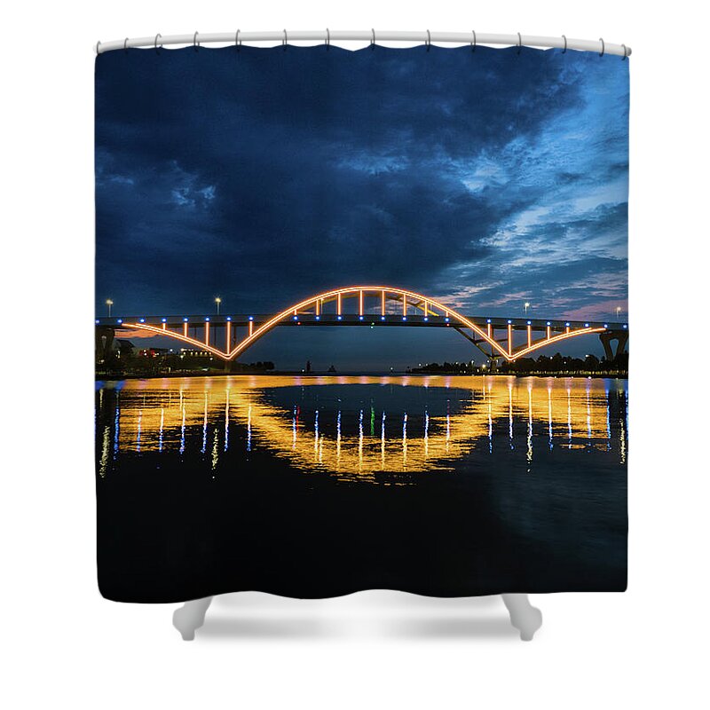 Port Of Milwaukee Shower Curtain featuring the photograph Light the Hoan in Blue and Gold by Kristine Hinrichs