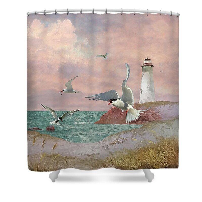 Lighthouse Shower Curtain featuring the digital art Lighthouse and Terns by M Spadecaller