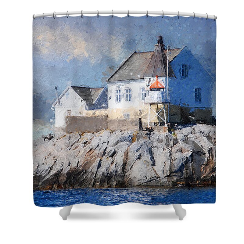 Lighthouse Shower Curtain featuring the digital art Saltholmen lighthouse by Geir Rosset