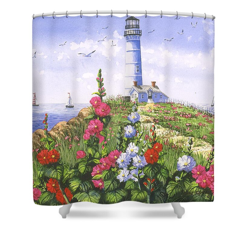 Lighthouse Shower Curtain featuring the painting Lighthouse and Hollyhocks by Diane Phalen