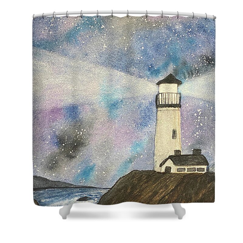 Lighthouse Shower Curtain featuring the painting Lighthouse at Night by Lisa Neuman
