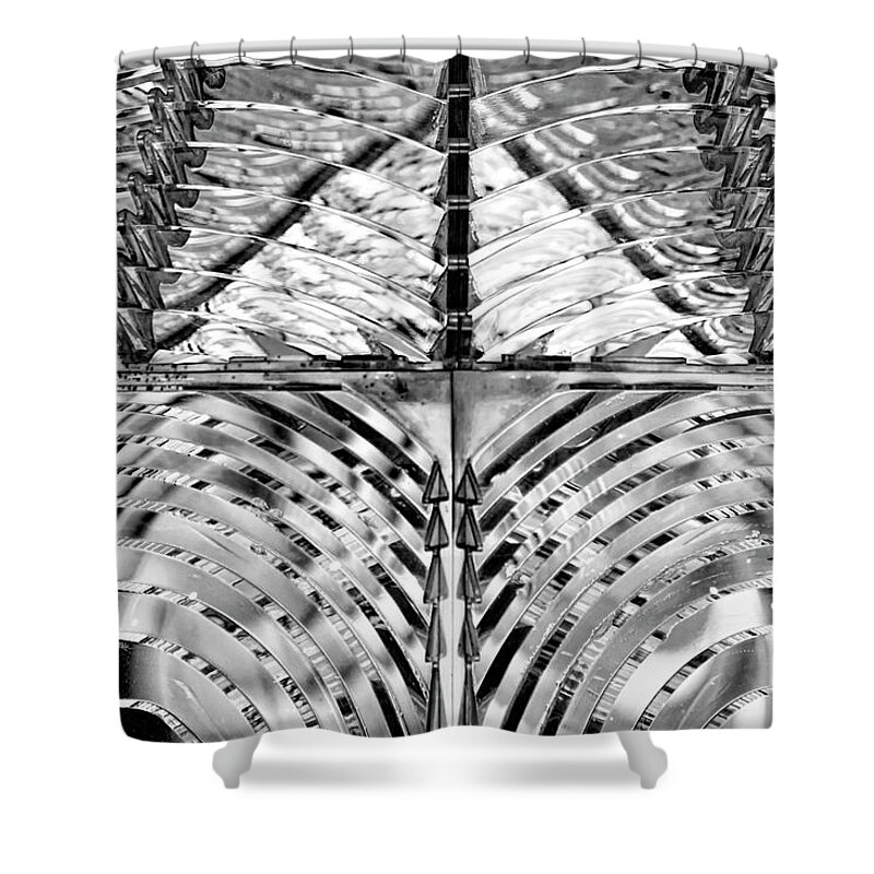 Black Shower Curtain featuring the photograph Lighthouse Glass in Black and White by Carolyn Hutchins