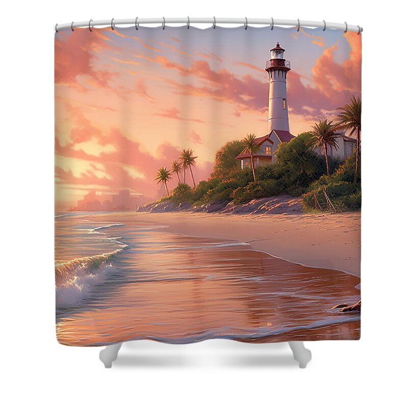 Lighthouse Shower Curtain featuring the digital art Lighthouse in Paradise by Lily Malor