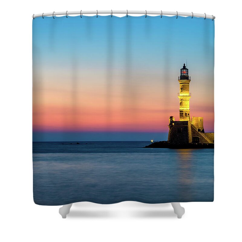 Lighthouse Shower Curtain featuring the photograph Lighthouse of Chania in Crete at Sunset by Alexios Ntounas