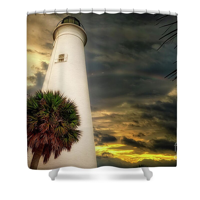 Lighthouse Shower Curtain featuring the mixed media Lighthouse Rainbow by DB Hayes