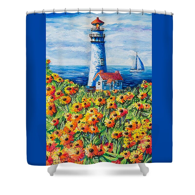 Lighthouse Shower Curtain featuring the painting Lighthouse Vista by Diane Phalen