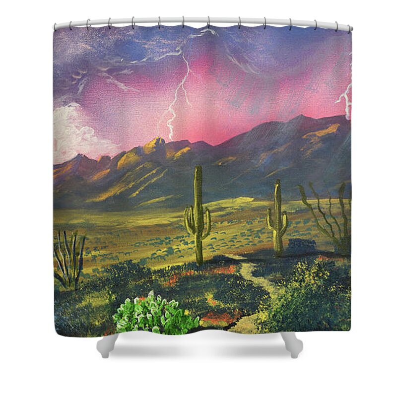 Tucson Shower Curtain featuring the painting Lighting Strikes the Catalina Mountains, Tucson by Chance Kafka