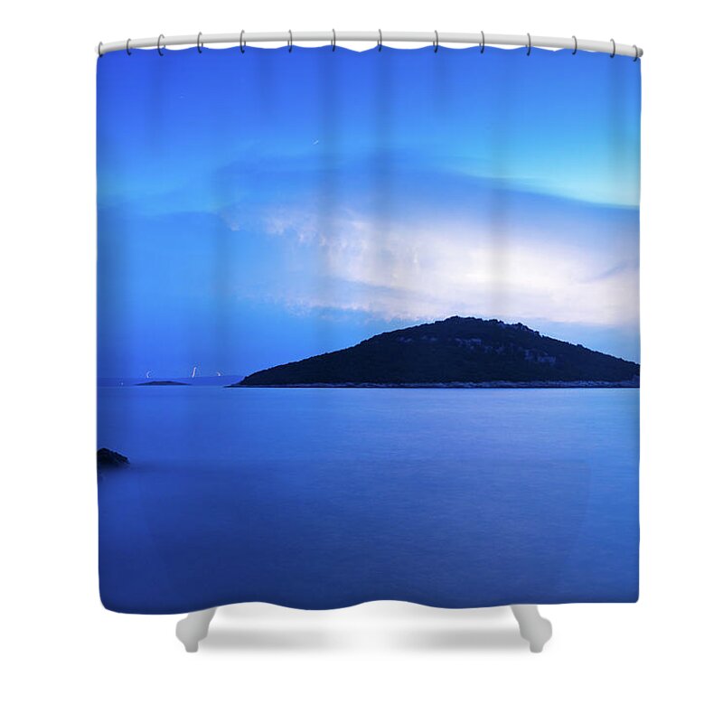 Losinj Shower Curtain featuring the photograph Lightning at dawn over Veli and Mali Osir islands on Losinj, Cro by Ian Middleton