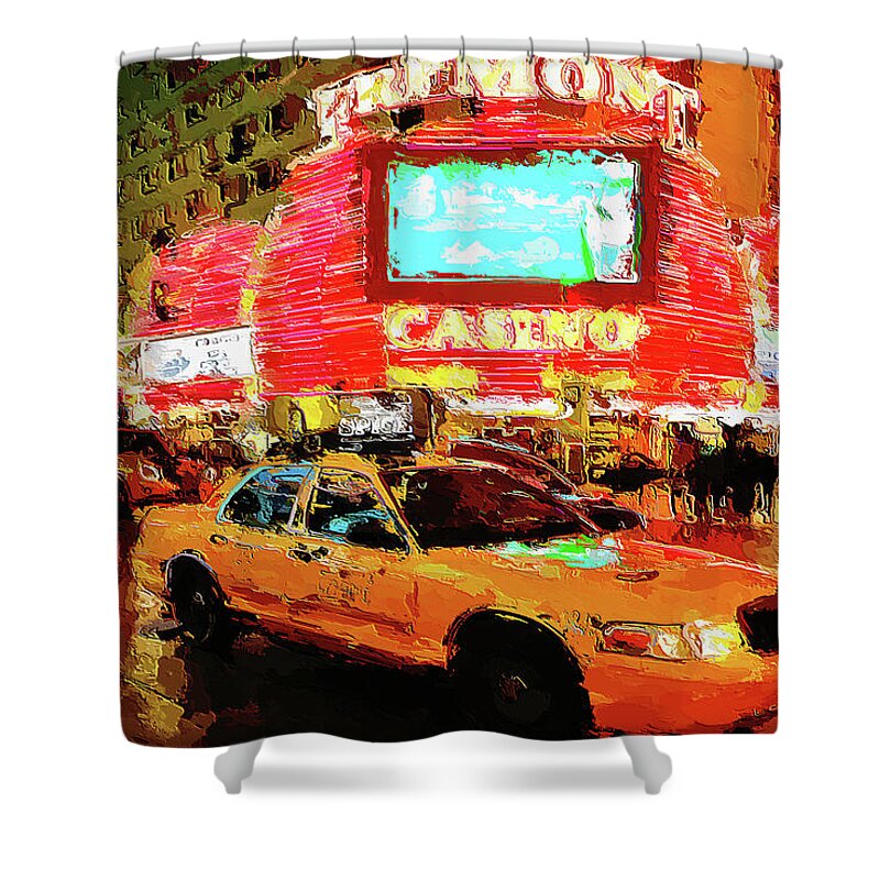 Fremont Casino Shower Curtain featuring the digital art Lights and Action on Fremont Street Experience Las Vegas by Tatiana Travelways