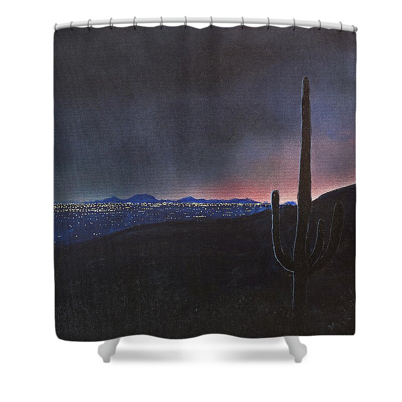 Tucson Shower Curtain featuring the painting Lights of Tucson, Arizona with Saguaro Cactus by Chance Kafka