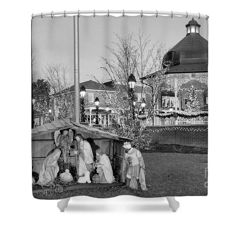 Ligonier Shower Curtain featuring the photograph Ligonier PA Town Square Manger Scene Black And White by Adam Jewell