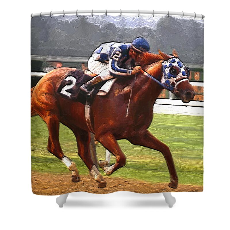 Secretariat At Belmont Shower Curtain featuring the painting Like a Tremendous Machine by G Cannon