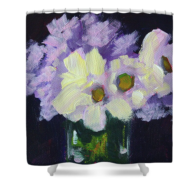 Lilac Shower Curtain featuring the painting Lilac and Daisy by Nancy Merkle