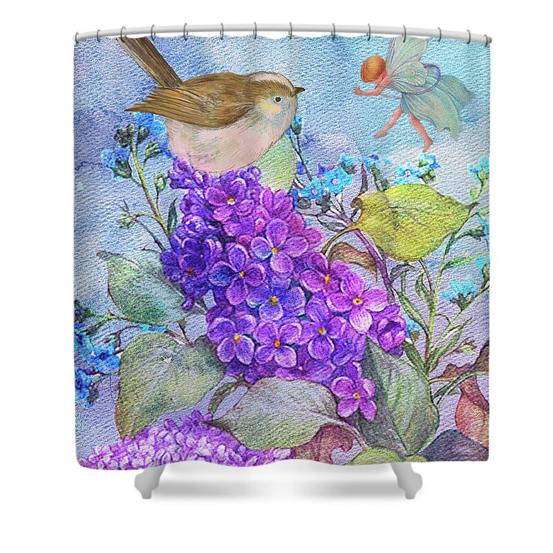 Flower Fairy Shower Curtain featuring the painting Lilac Flower Fairy with Birdie by Judith Cheng