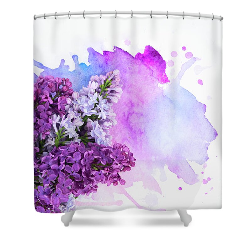 Lilac Shower Curtain featuring the photograph Lilac flowers on watercolor by Anastasy Yarmolovich